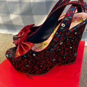 Betsey Johnson Red Floral Wedge Sandals